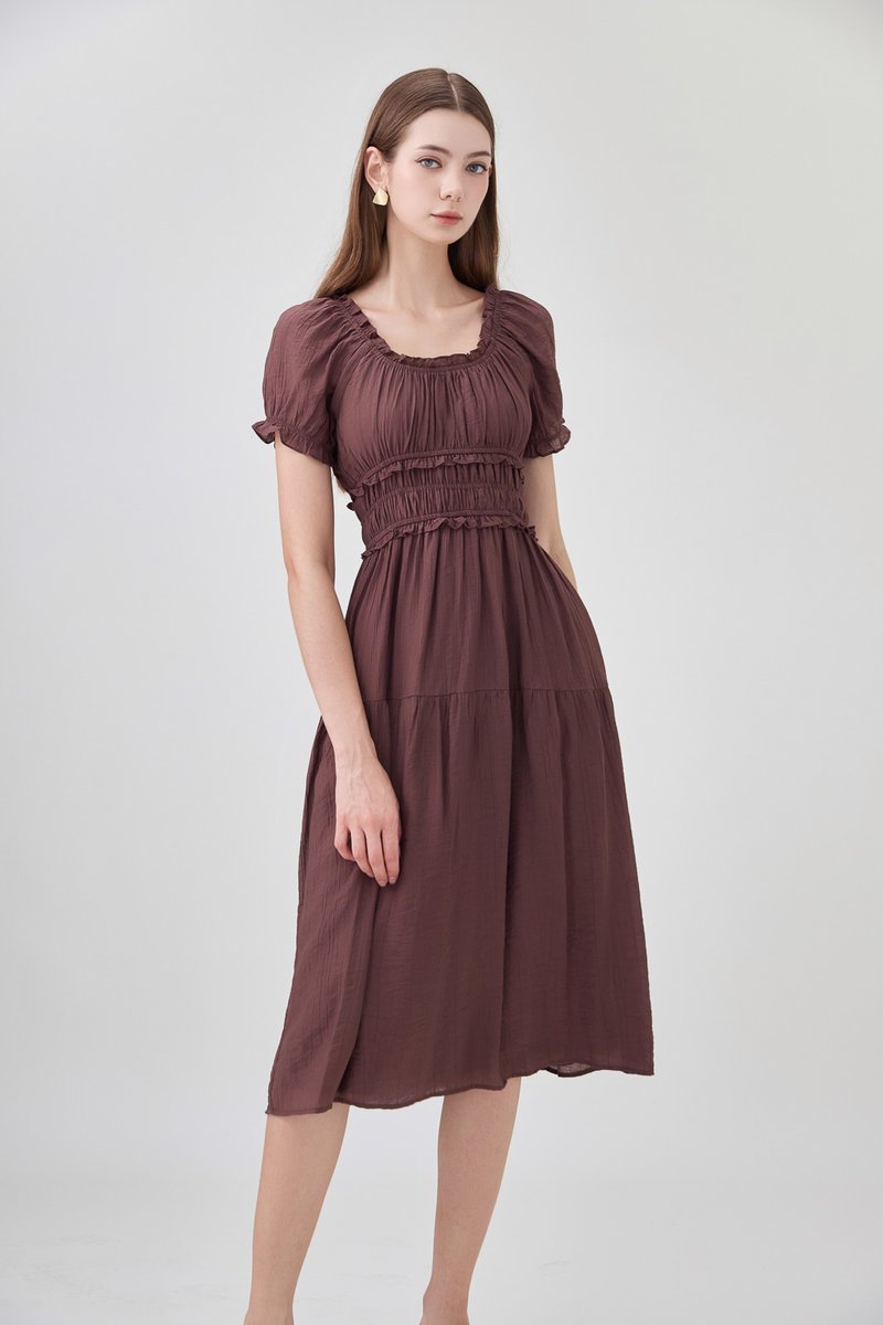 Gabriella Smocked Midi Dress In Chocolate Brown
