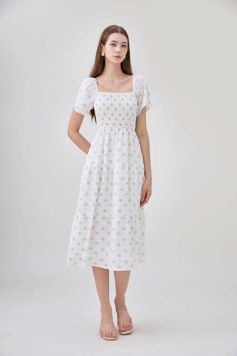 Margot Smocked Printed Midi Dress In White