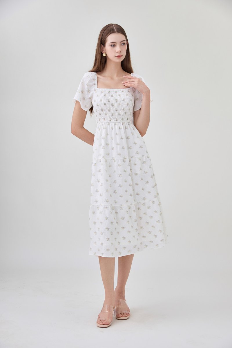 Margot Smocked Printed Midi Dress In White