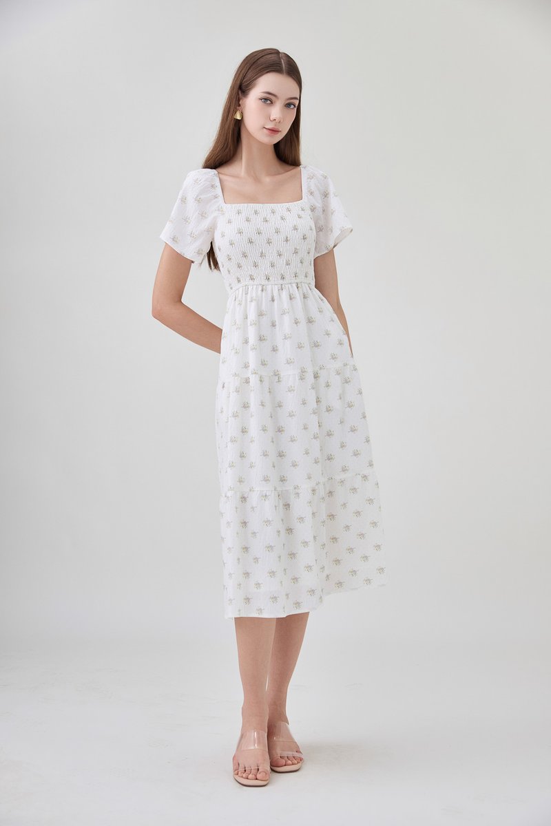 Margot Smocked Printed Midi Dress In White