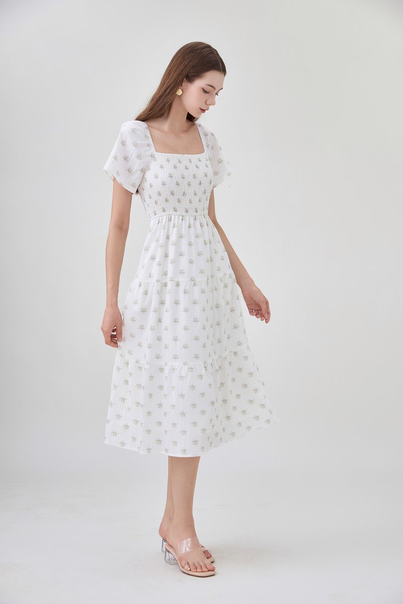 Margot Smocked Printed Midi Dress In White
