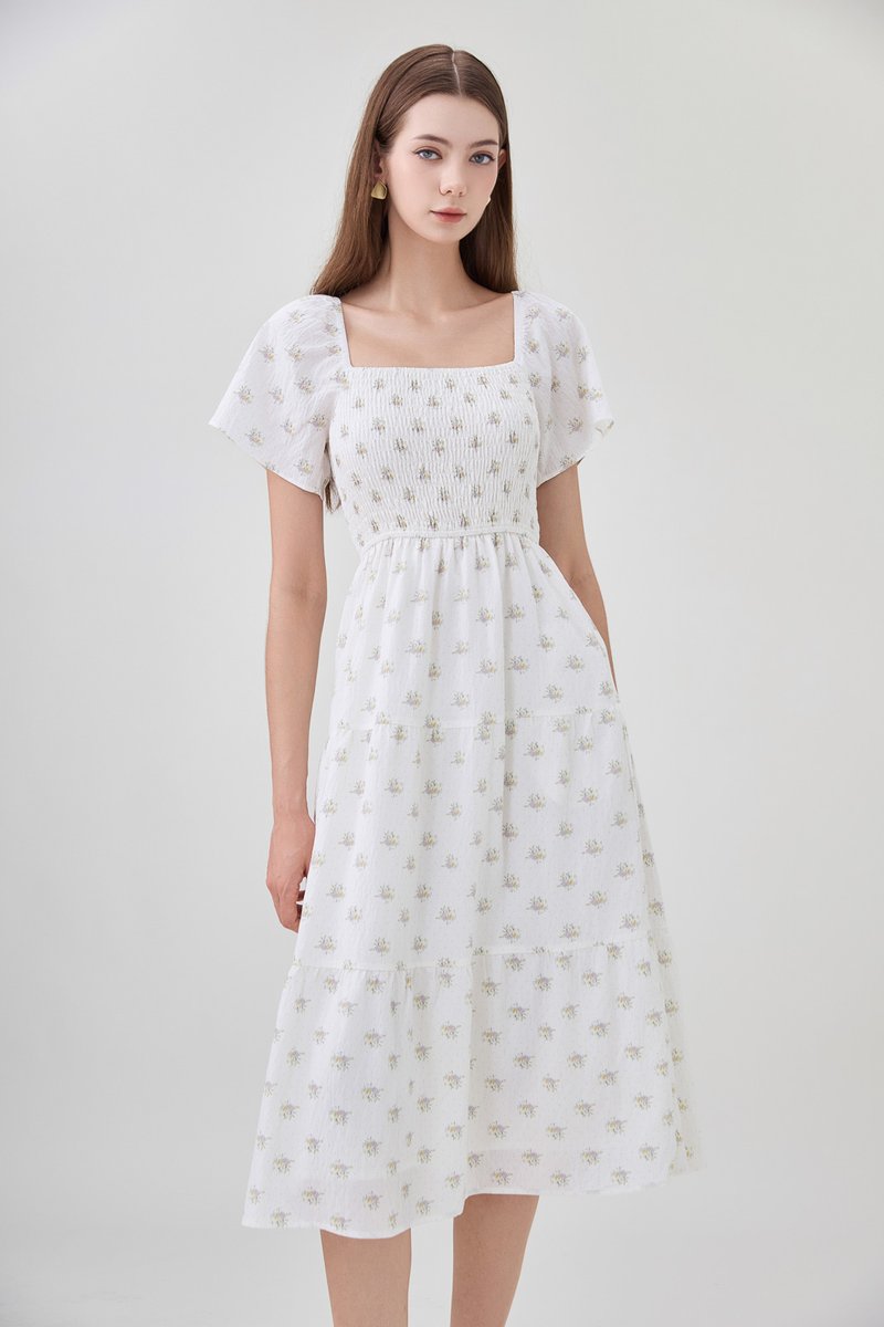 Margot Smocked Printed Midi Dress In White