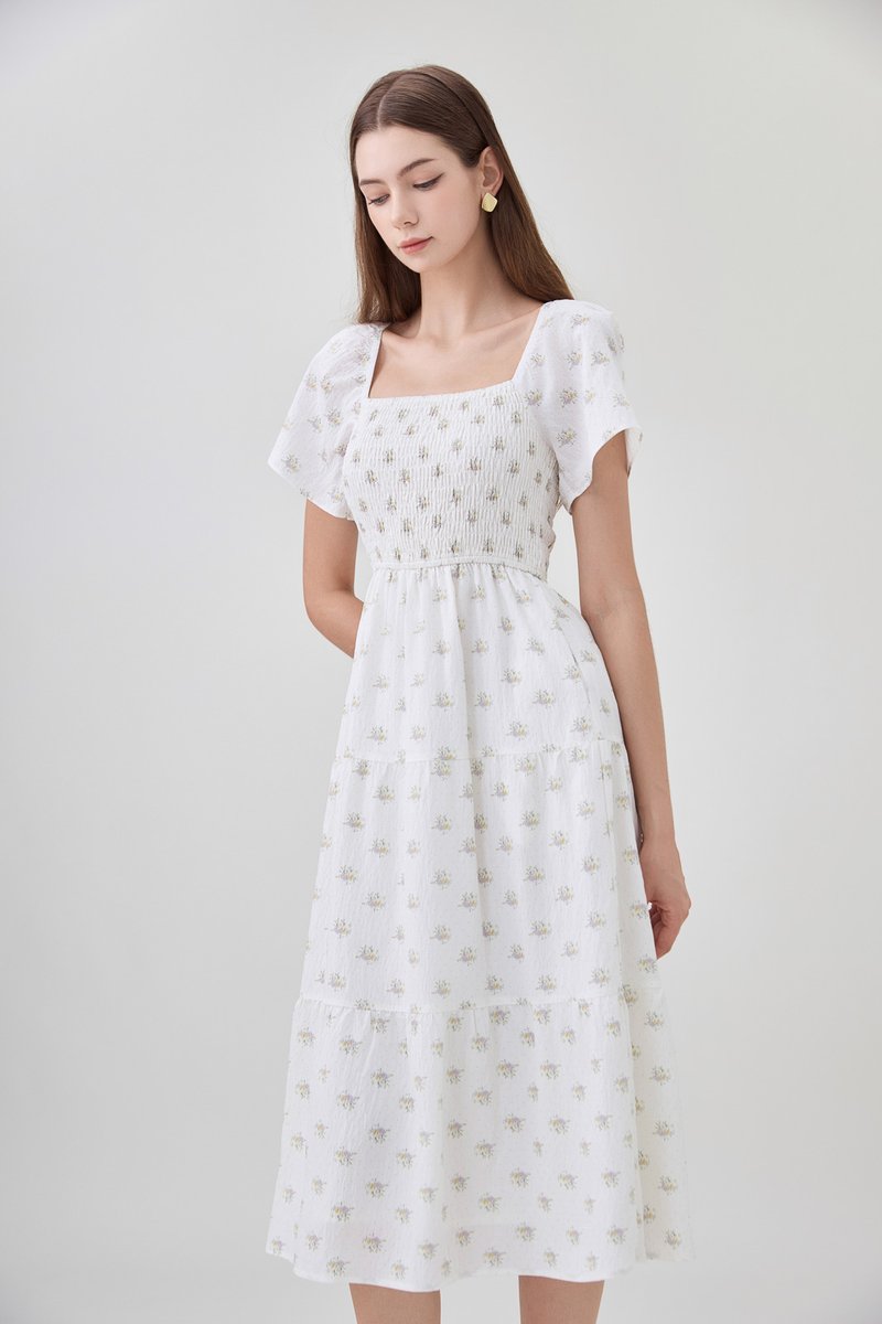 Margot Smocked Printed Midi Dress In White