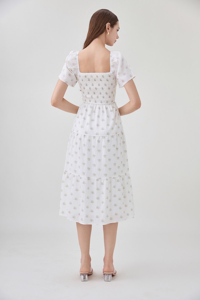 Margot Smocked Printed Midi Dress In White