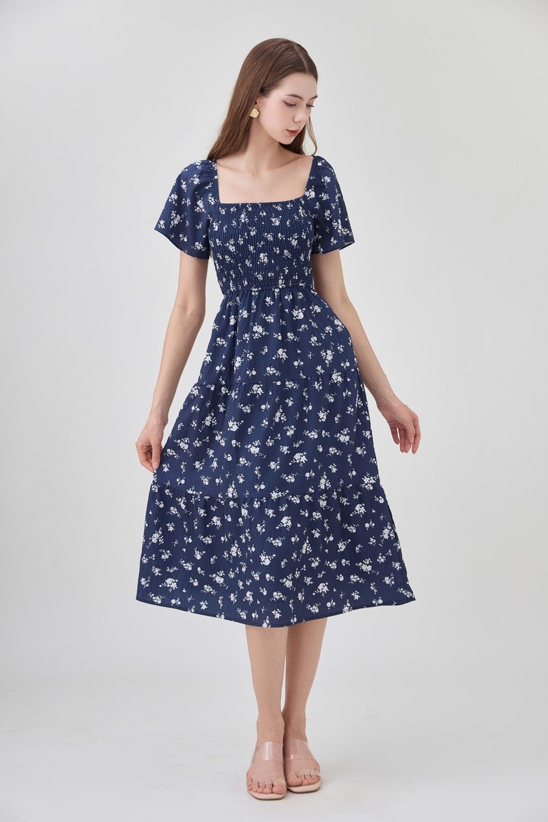 Margot Smocked Printed Midi Dress In Navy