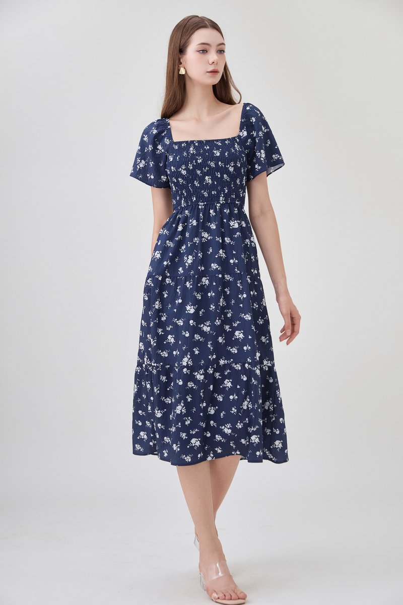 Margot Smocked Printed Midi Dress In Navy