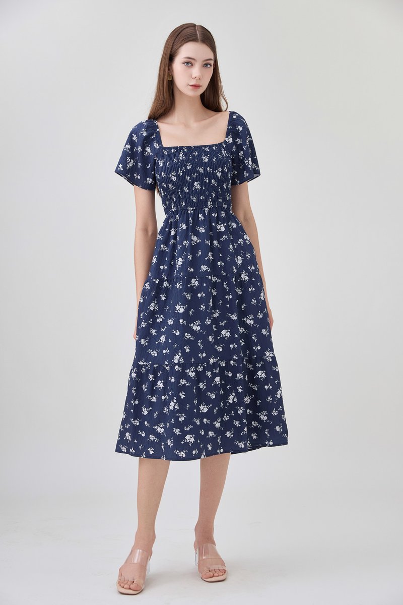 Margot Smocked Printed Midi Dress In Navy