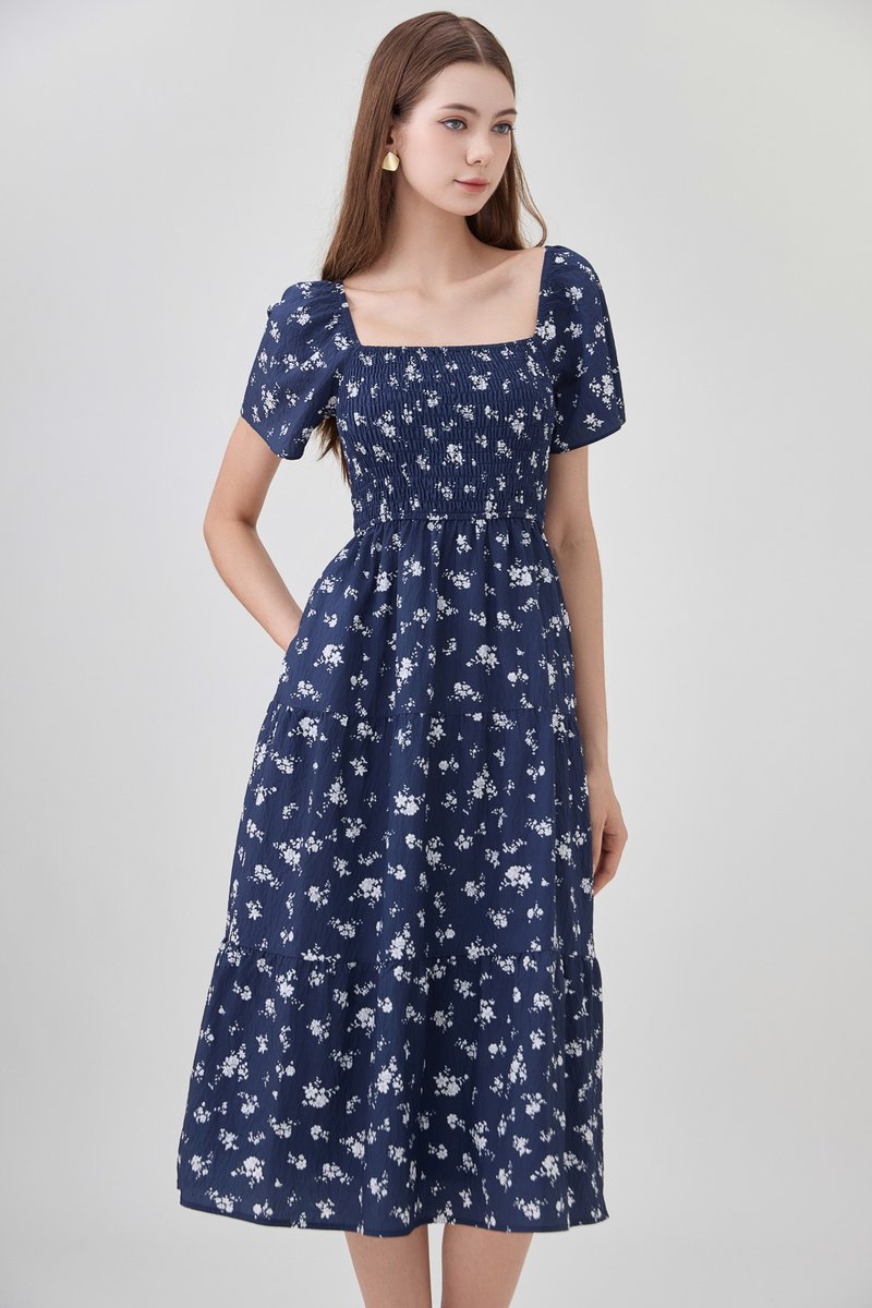 Margot Smocked Printed Midi Dress In Navy