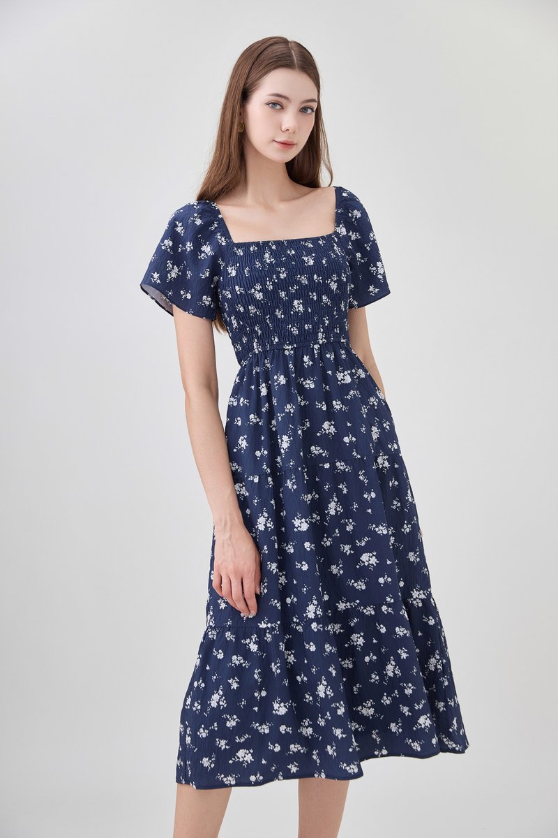 Margot Smocked Printed Midi Dress In Navy