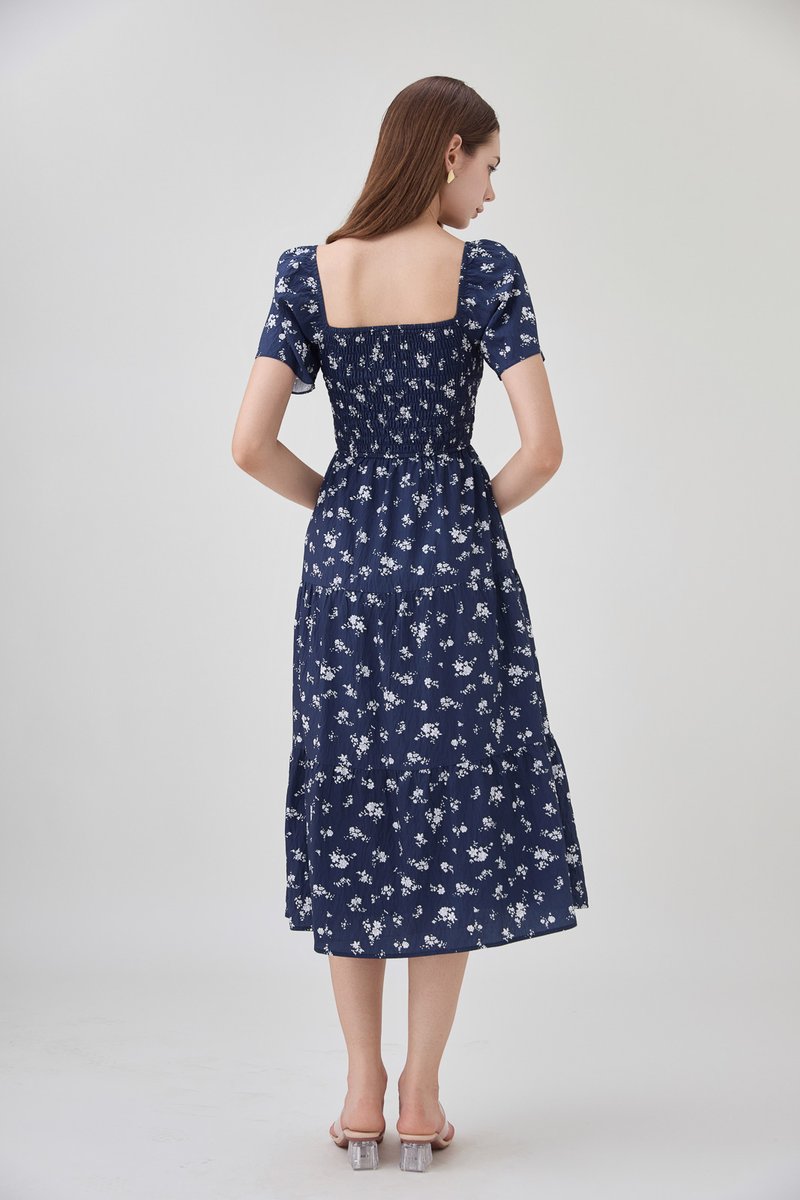 Margot Smocked Printed Midi Dress In Navy