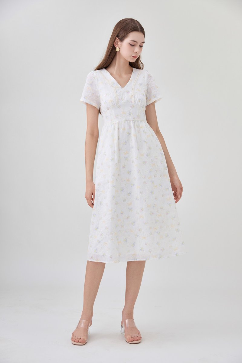 Elodie Floral Empire Waist Midi Dress In Ribbon Posy Print