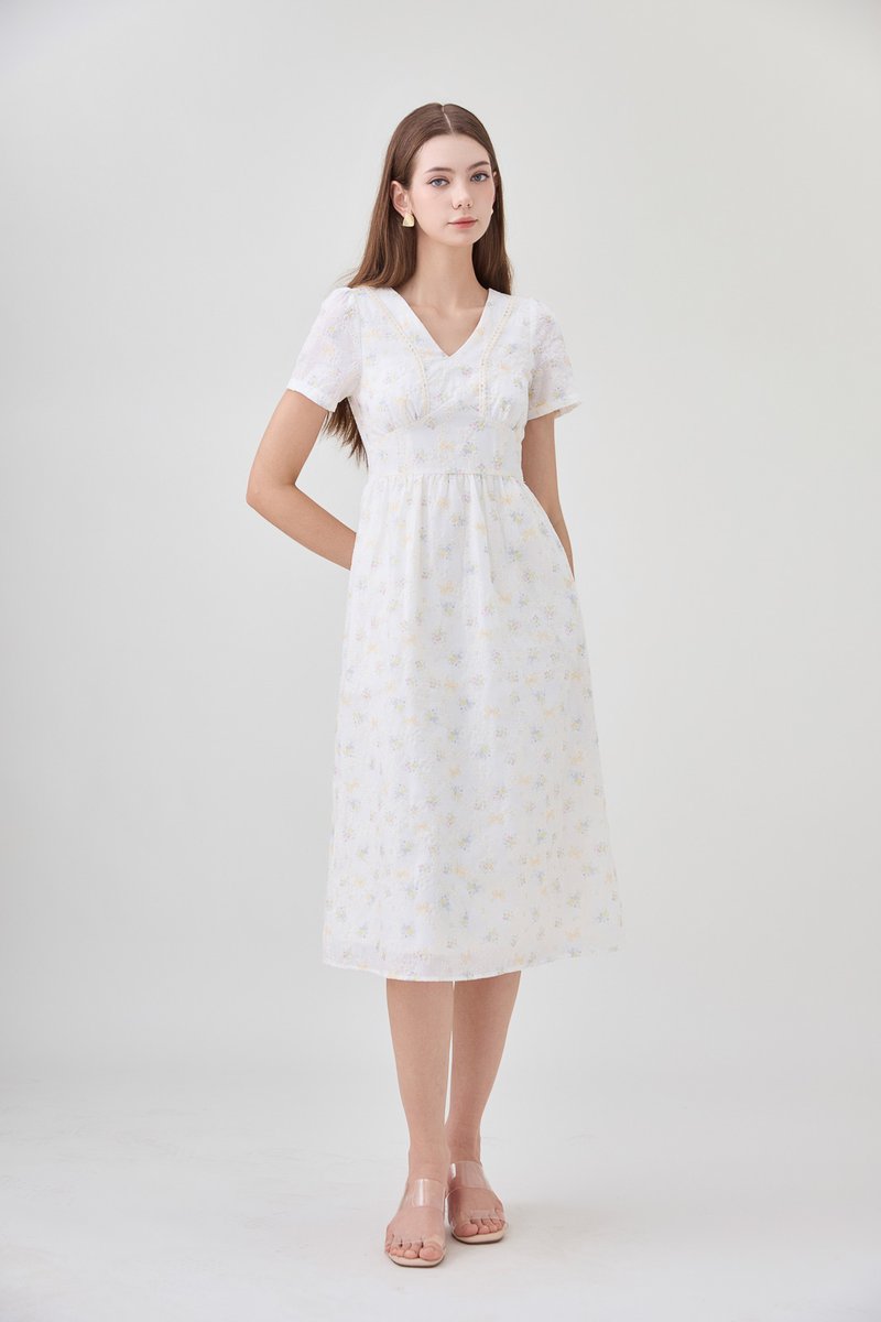 Elodie Floral Empire Waist Midi Dress In Ribbon Posy Print