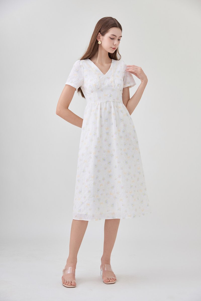 Elodie Floral Empire Waist Midi Dress In Ribbon Posy Print