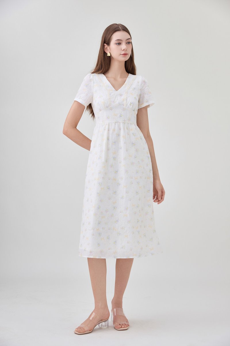 Elodie Floral Empire Waist Midi Dress In Ribbon Posy Print