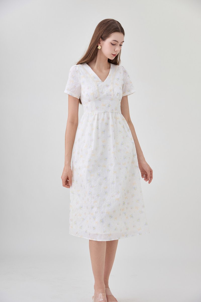 Elodie Floral Empire Waist Midi Dress In Ribbon Posy Print