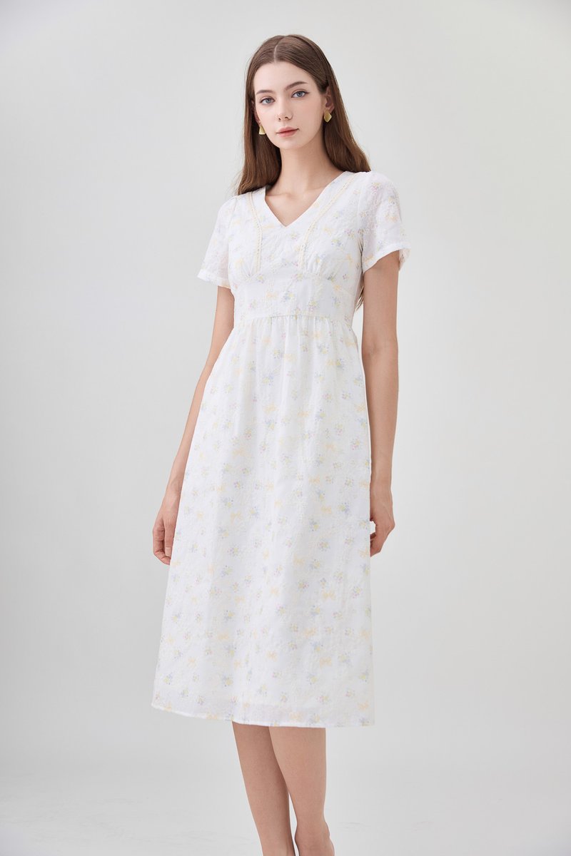 Elodie Floral Empire Waist Midi Dress In Ribbon Posy Print