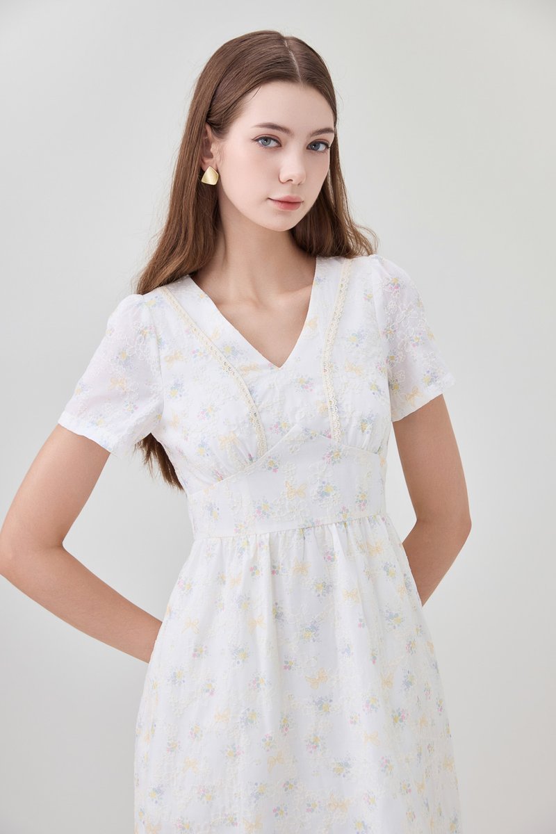 Elodie Floral Empire Waist Midi Dress In Ribbon Posy Print