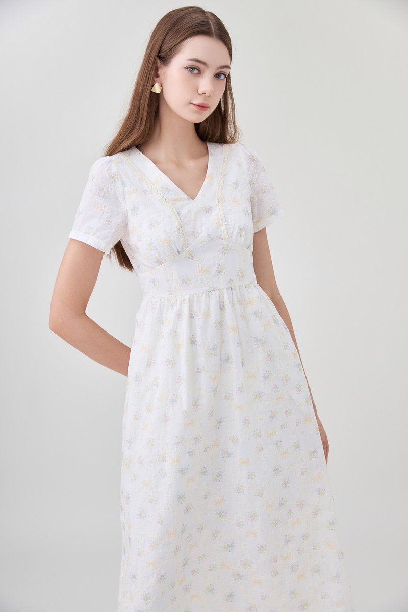 Elodie Floral Empire Waist Midi Dress In Ribbon Posy Print