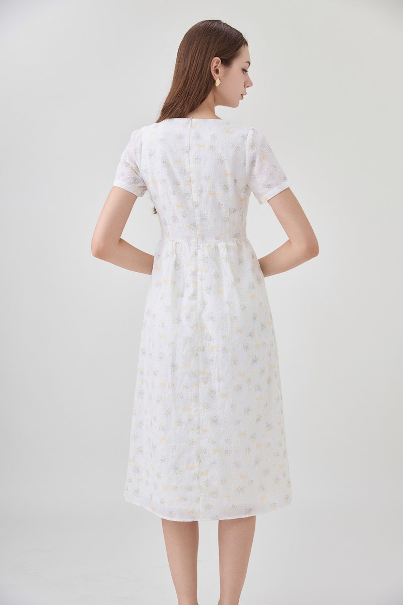 Elodie Floral Empire Waist Midi Dress In Ribbon Posy Print