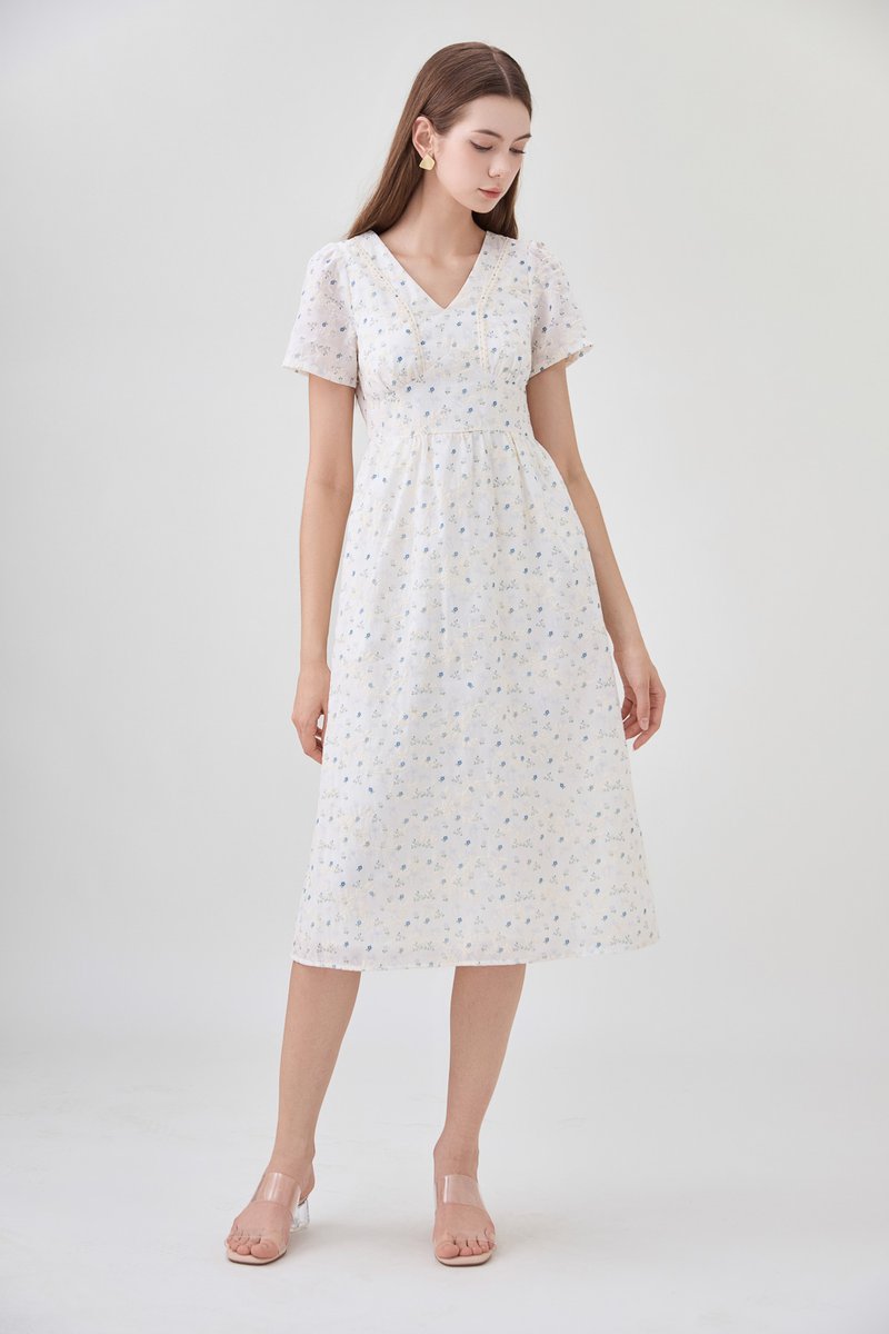 Elodie Floral Empire Waist Midi Dress In Blue Wildflower&nbsp;