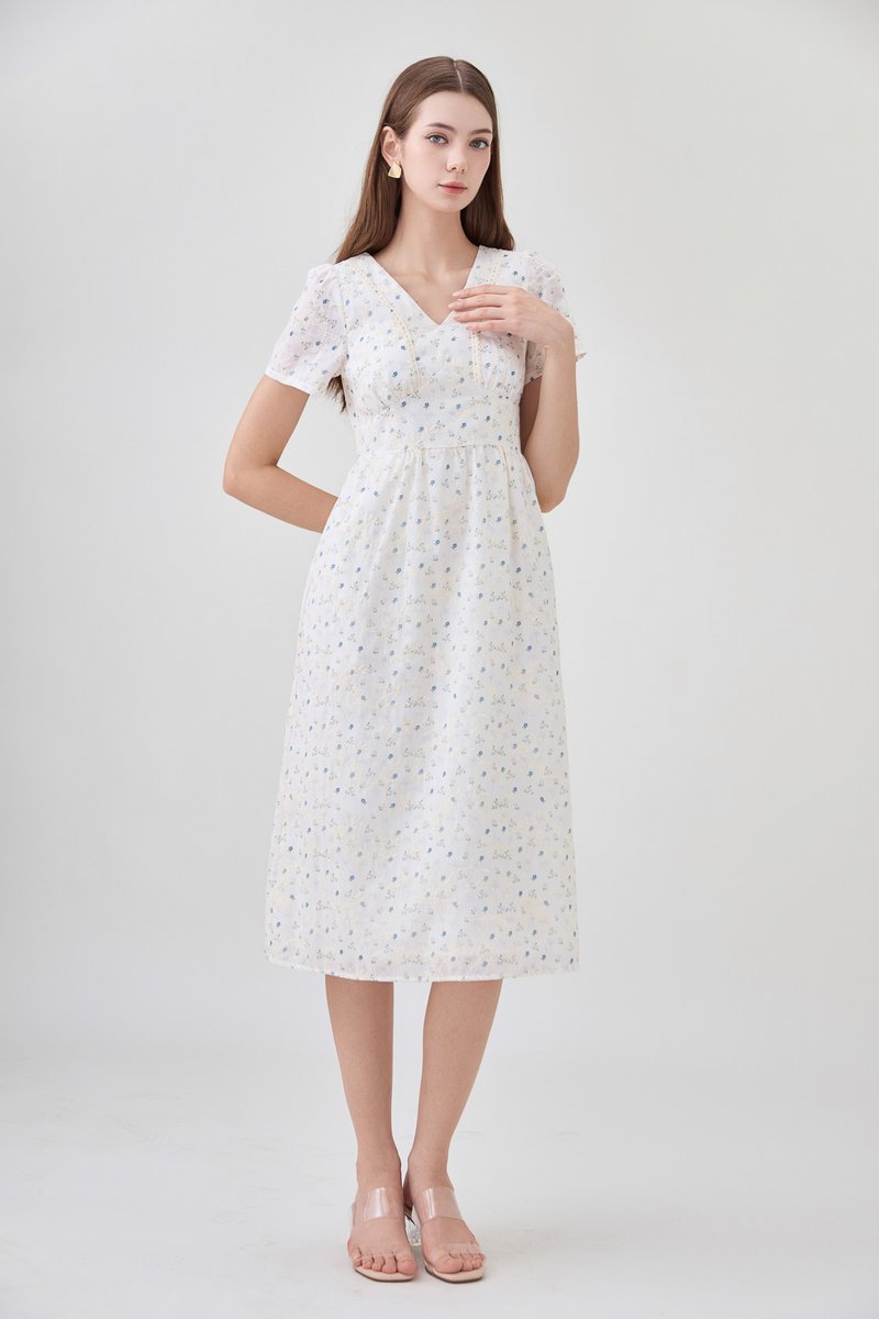 Elodie Floral Empire Waist Midi Dress In Blue Wildflower&nbsp;