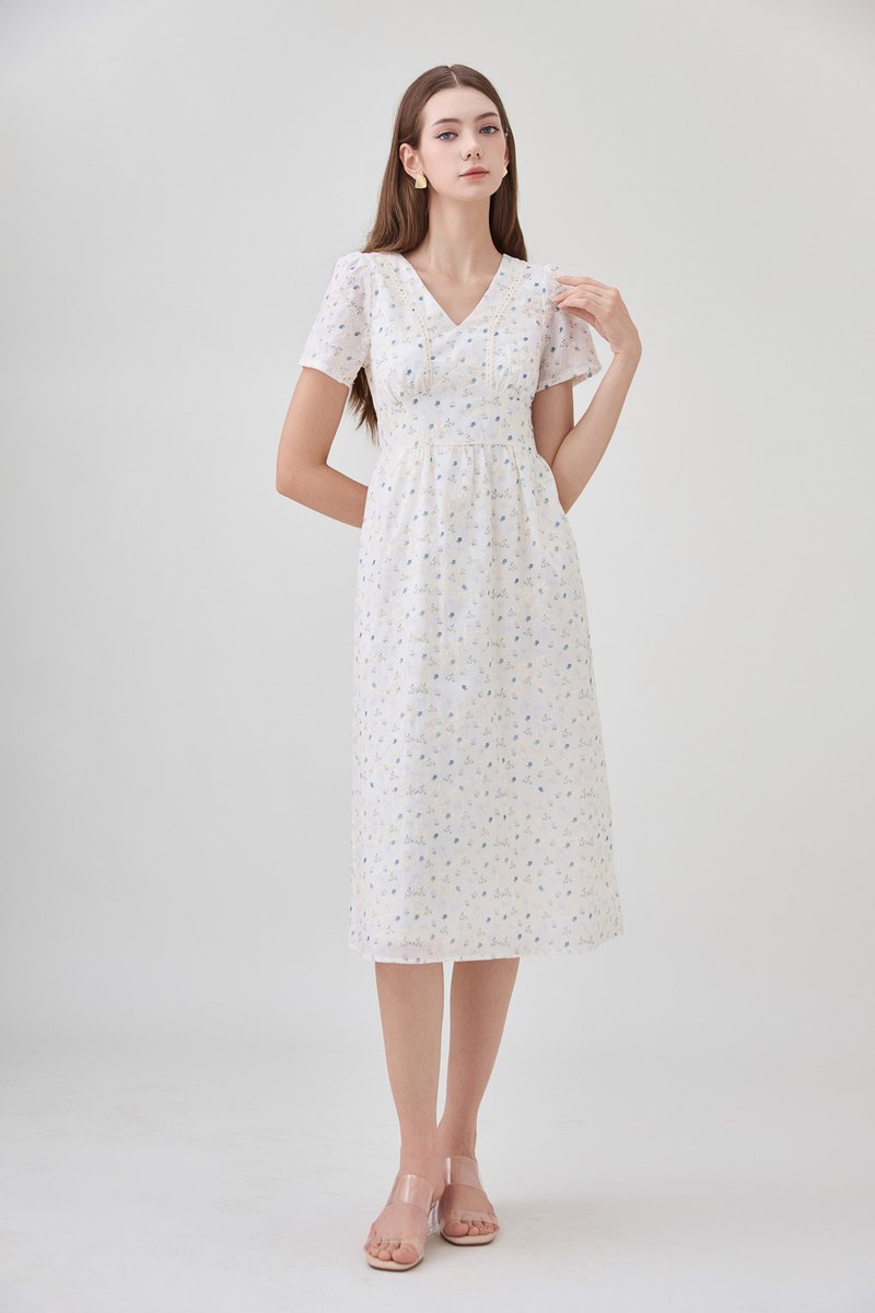 Elodie Floral Empire Waist Midi Dress In Blue Wildflower&nbsp;