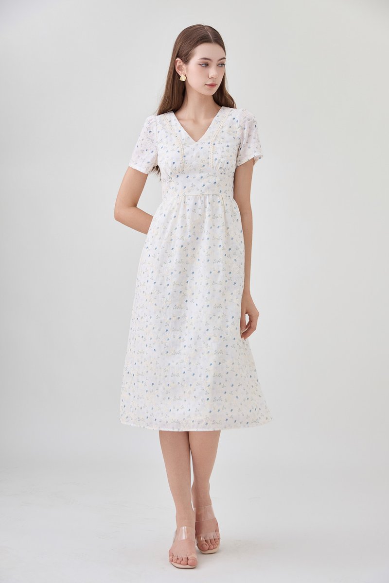 Elodie Floral Empire Waist Midi Dress In Blue Wildflower&nbsp;