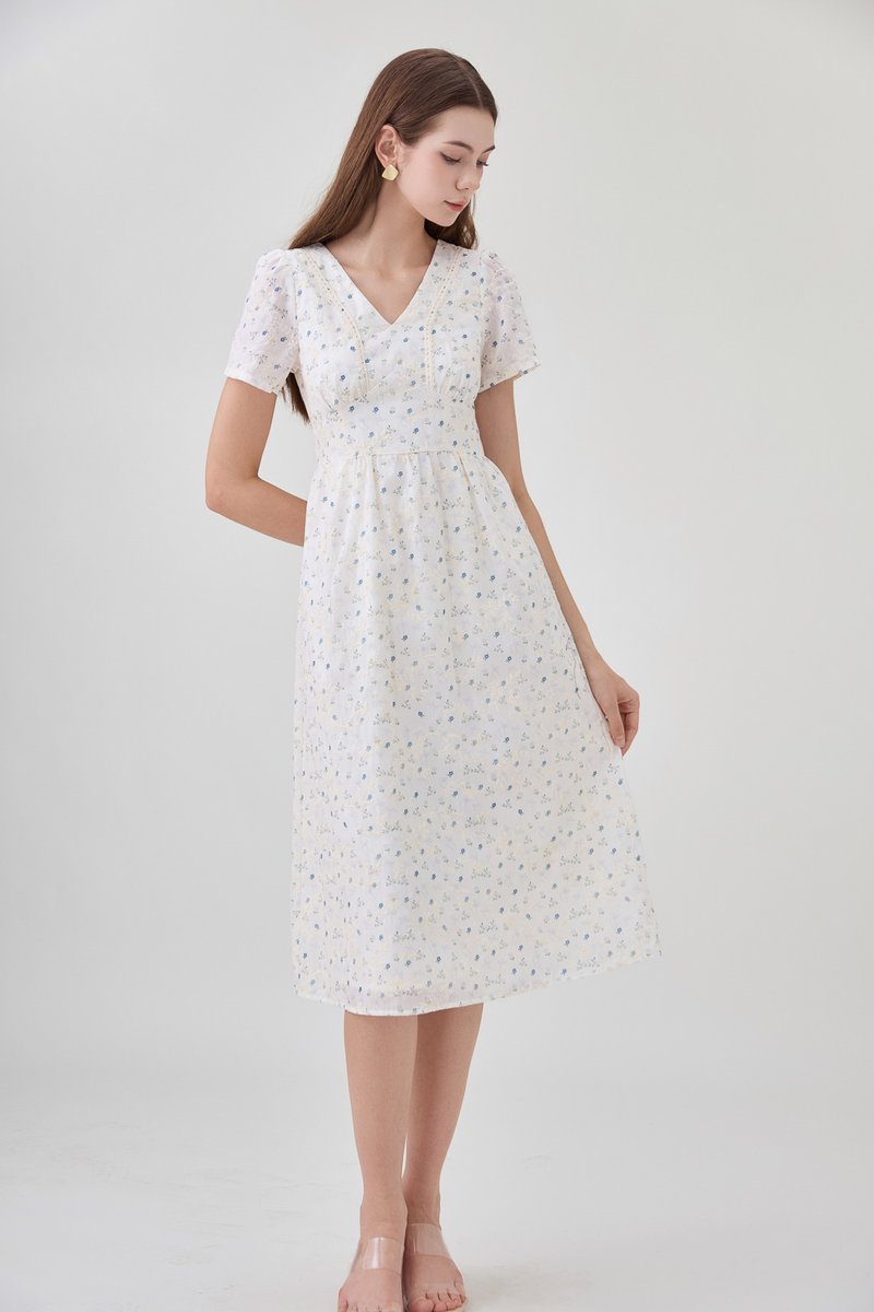 Elodie Floral Empire Waist Midi Dress In Blue Wildflower&nbsp;