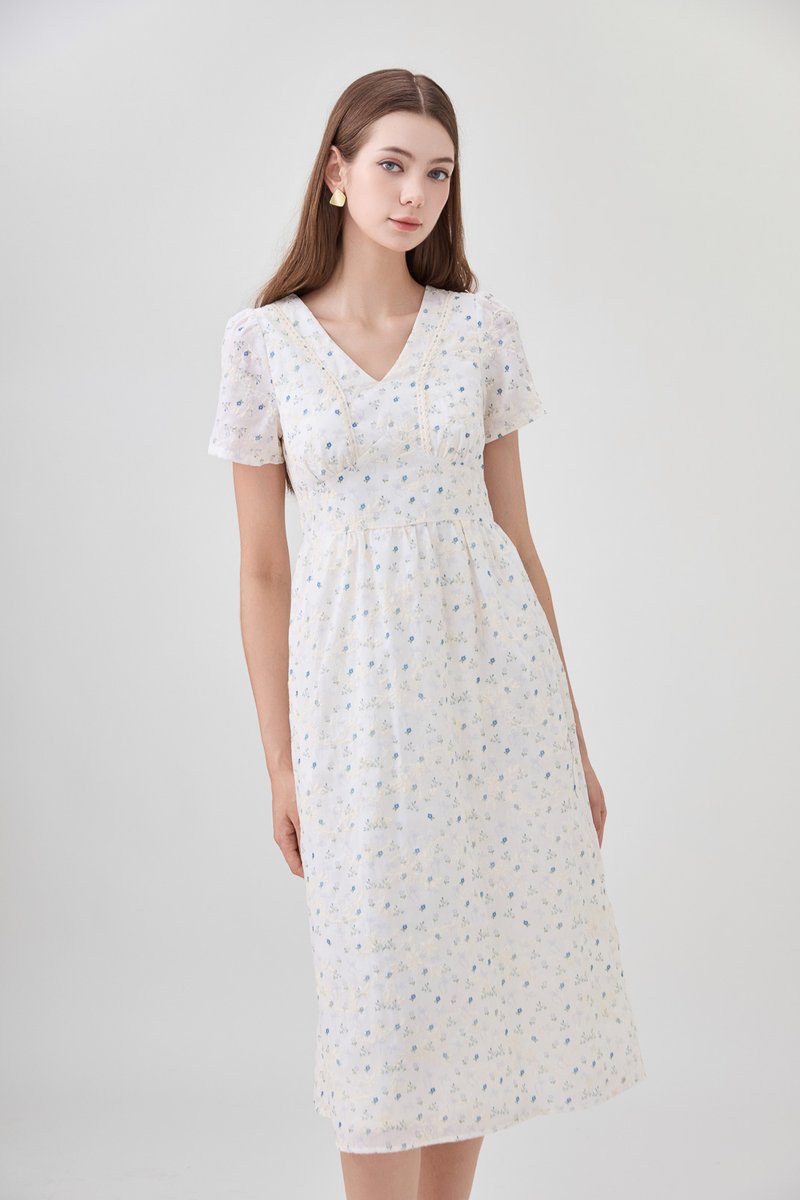 Elodie Floral Empire Waist Midi Dress In Blue Wildflower&nbsp;