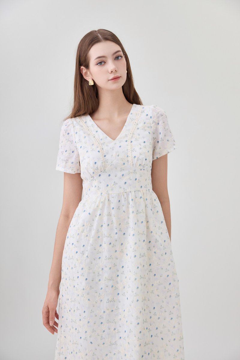 Elodie Floral Empire Waist Midi Dress In Blue Wildflower&nbsp;