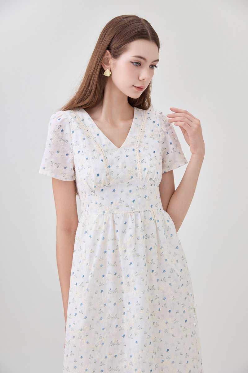 Elodie Floral Empire Waist Midi Dress In Blue Wildflower&nbsp;