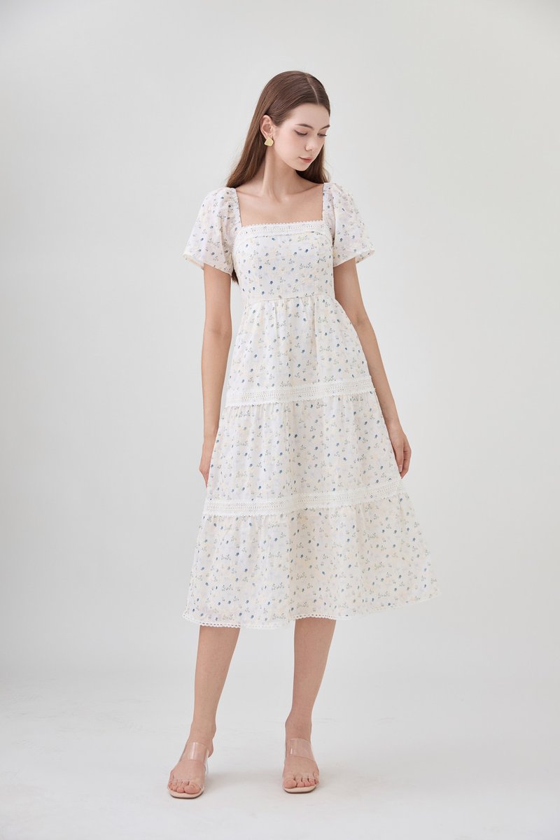 Alexandria Embroidered Tiered Midi Dress In Blue Wildflower
