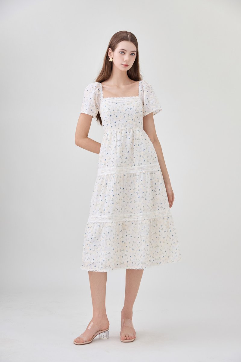 Alexandria Embroidered Tiered Midi Dress In Blue Wildflower