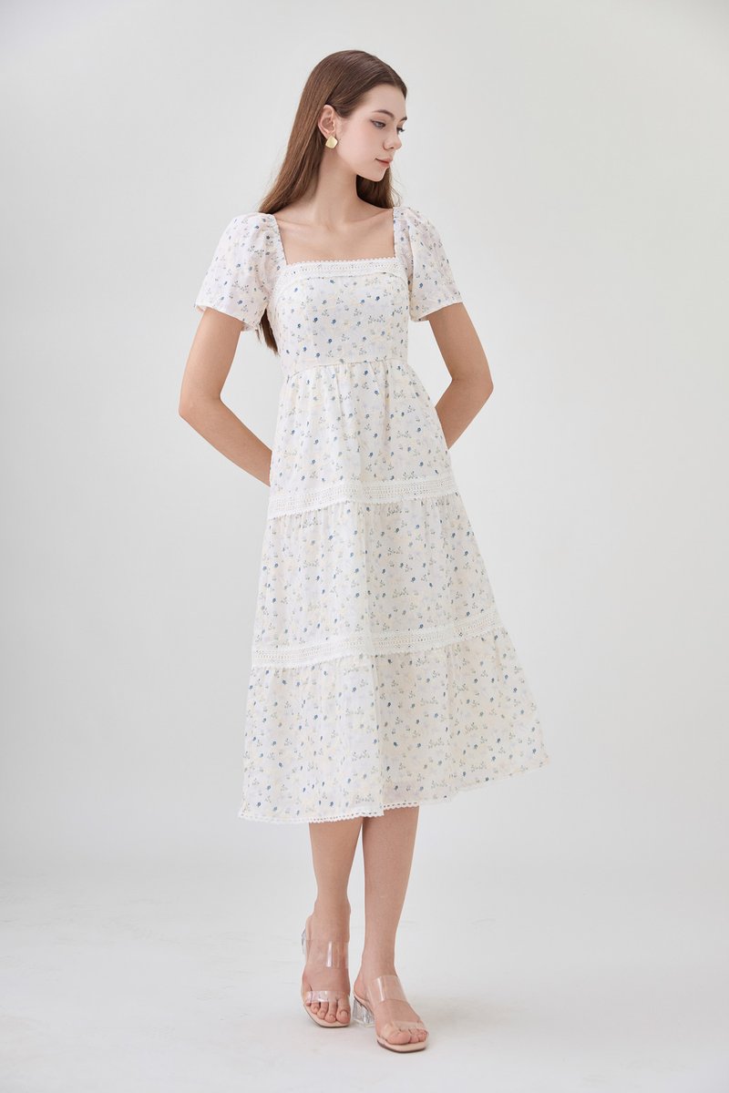 Alexandria Embroidered Tiered Midi Dress In Blue Wildflower