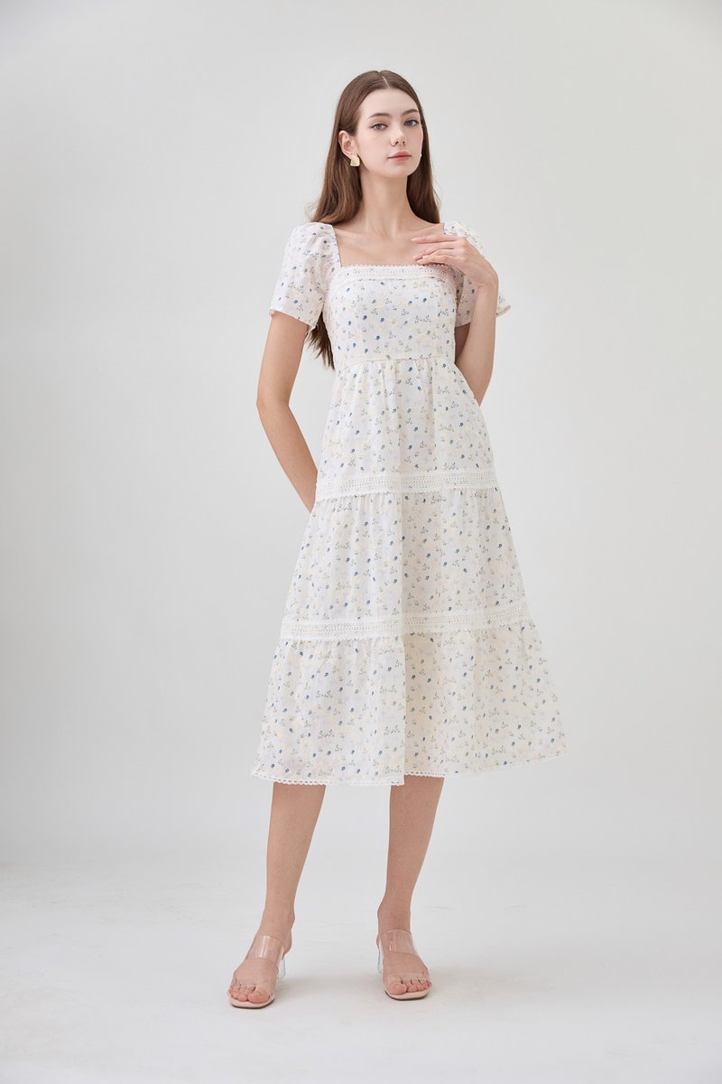 Alexandria Embroidered Tiered Midi Dress In Blue Wildflower