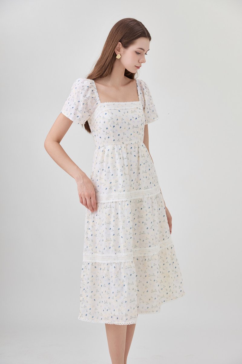 Alexandria Embroidered Tiered Midi Dress In Blue Wildflower