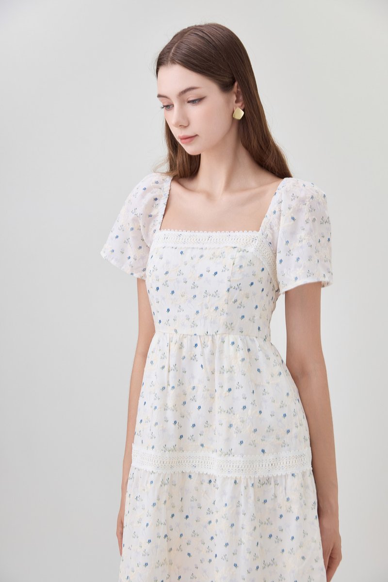 Alexandria Embroidered Tiered Midi Dress In Blue Wildflower
