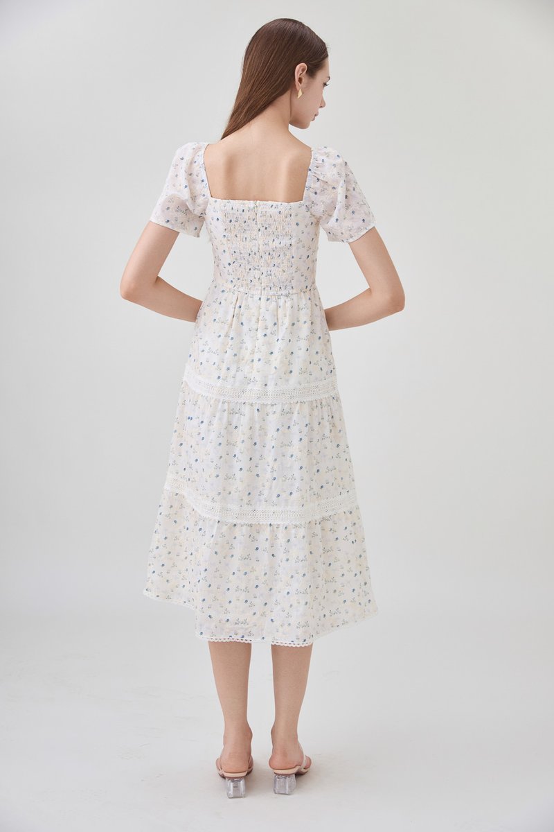 Alexandria Embroidered Tiered Midi Dress In Blue Wildflower