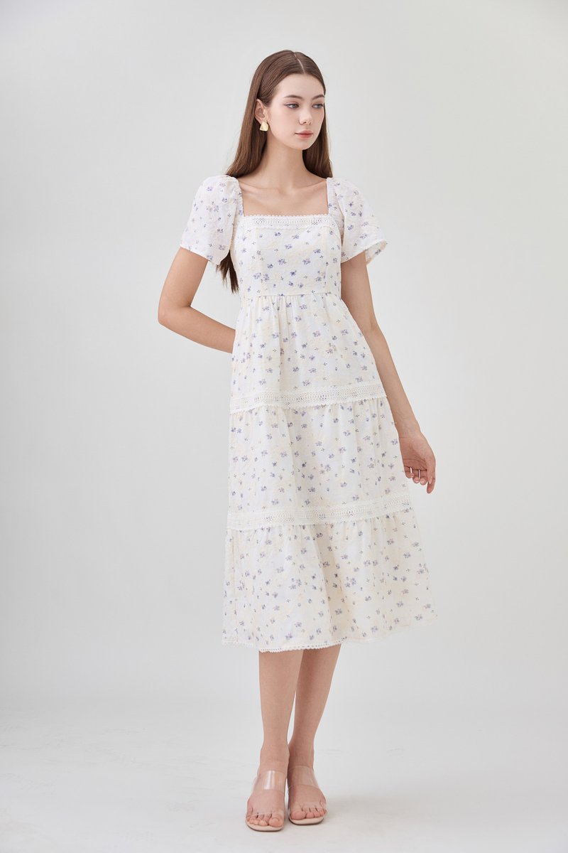 Alexandria Embroidered Tiered Midi Dress In Lavender Bloom