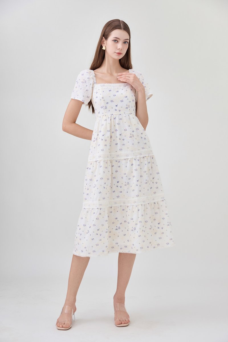 Alexandria Embroidered Tiered Midi Dress In Lavender Bloom