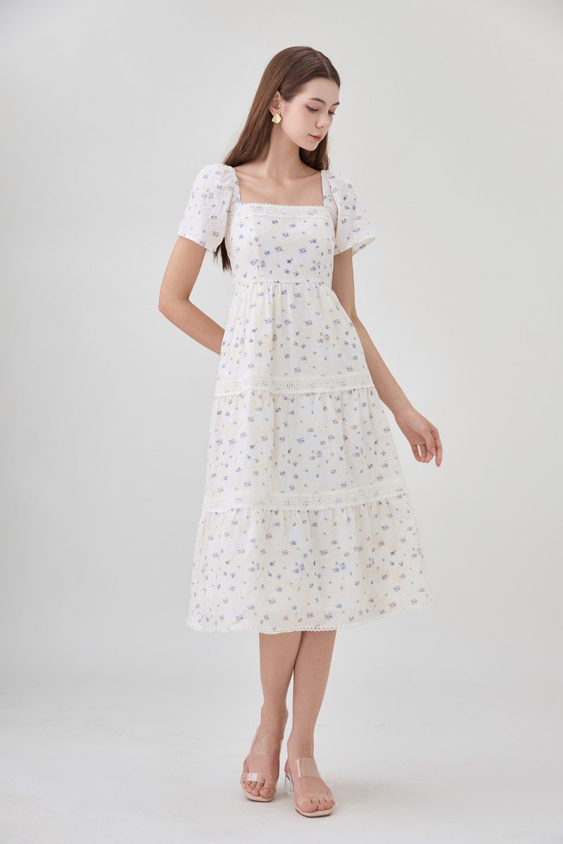 Alexandria Embroidered Tiered Midi Dress In Lavender Bloom