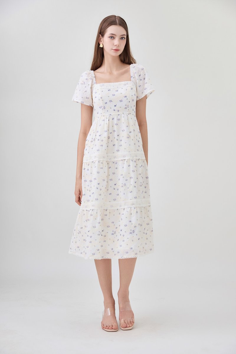 Alexandria Embroidered Tiered Midi Dress In Lavender Bloom