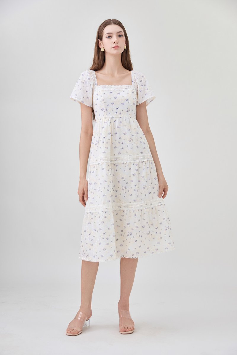 Alexandria Embroidered Tiered Midi Dress In Lavender Bloom