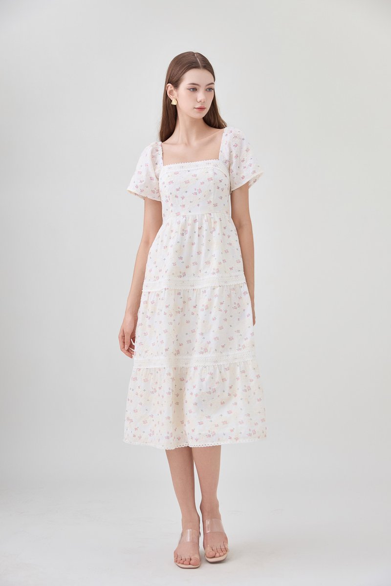 Alexandria Embroidered Tiered Midi Dress In Pink Bloom
