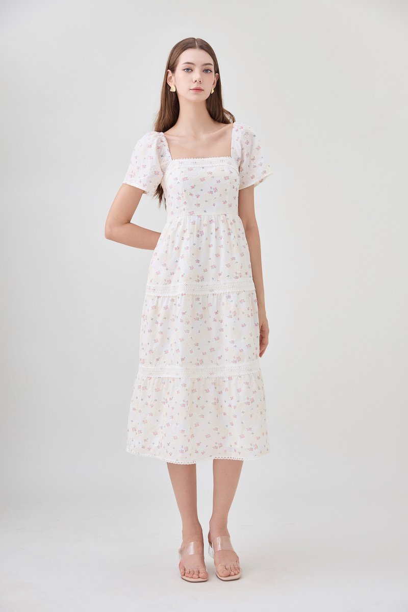 Alexandria Embroidered Tiered Midi Dress In Pink Bloom
