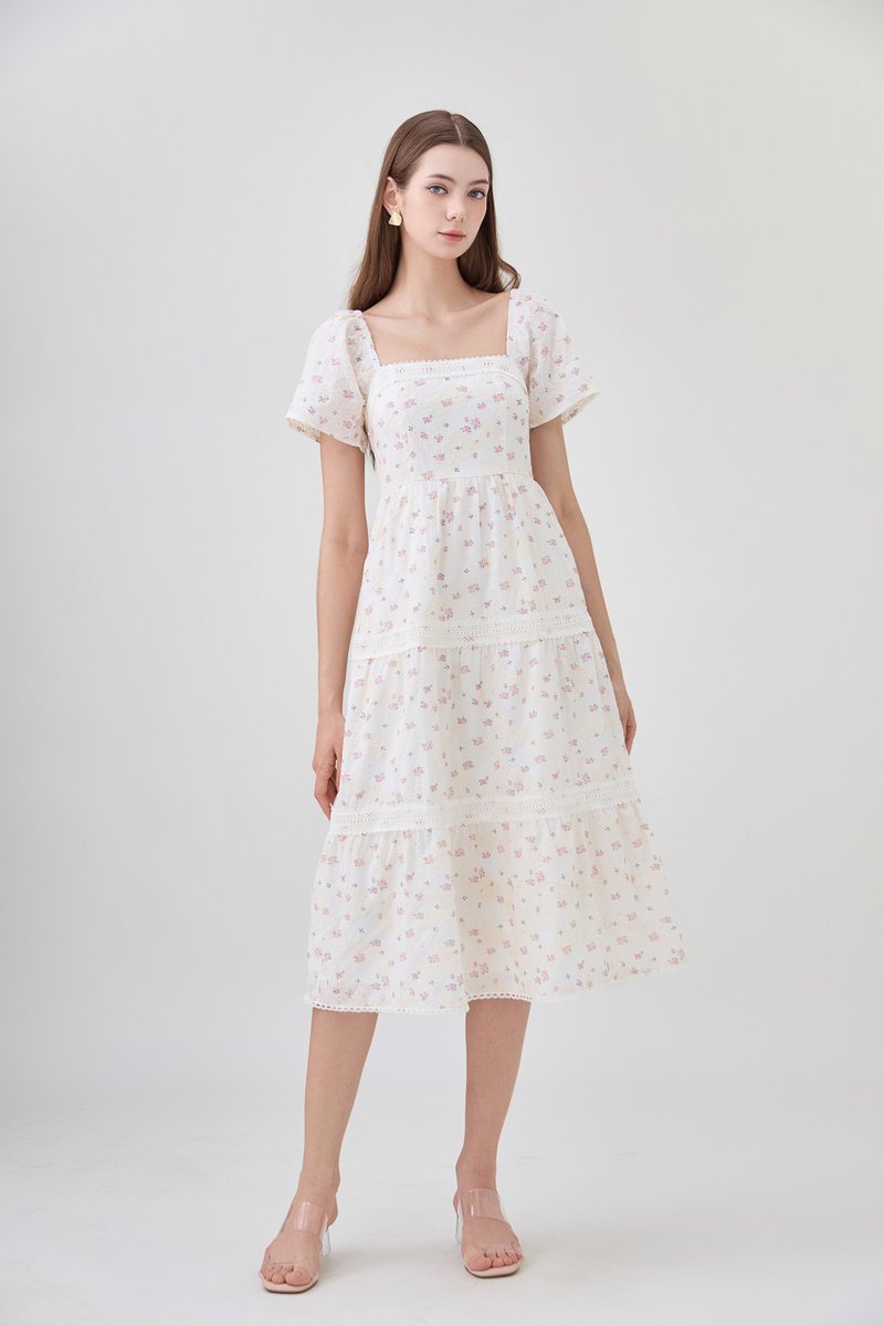 Alexandria Embroidered Tiered Midi Dress In Pink Bloom