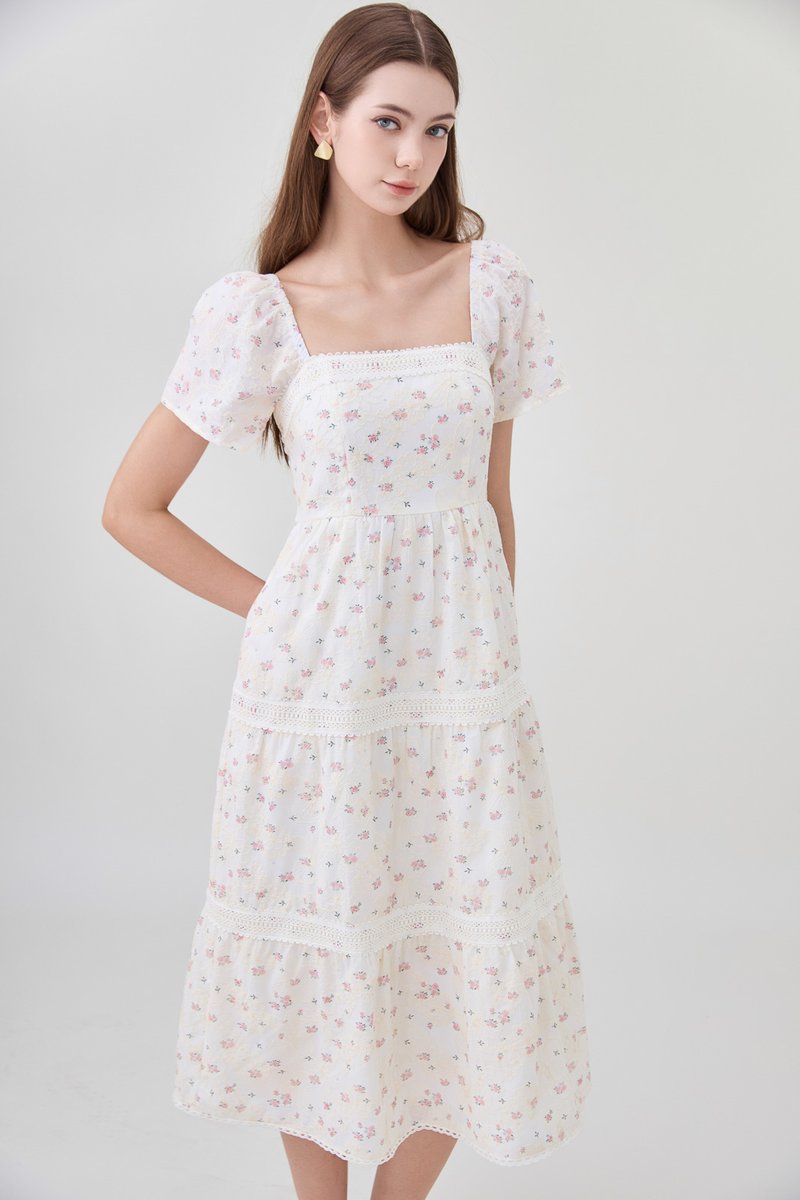 Alexandria Embroidered Tiered Midi Dress In Pink Bloom