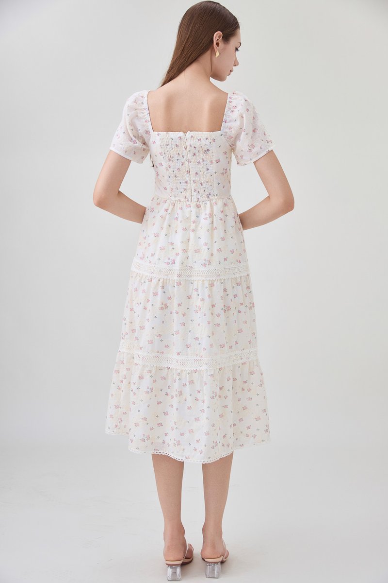 Alexandria Embroidered Tiered Midi Dress In Pink Bloom