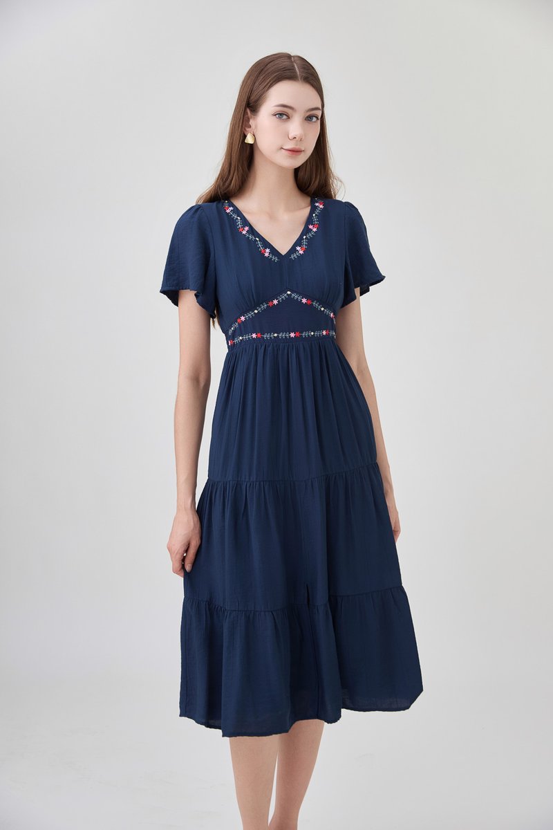 Alma Embroidered Tiered Midi Dress In Navy