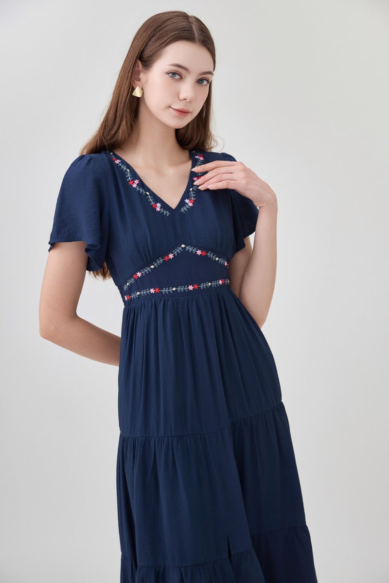 Alma Embroidered Tiered Midi Dress In Navy